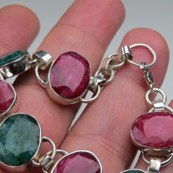 Emerald & Ruby Massive Bracelet Sterling Silver 7" & 8"